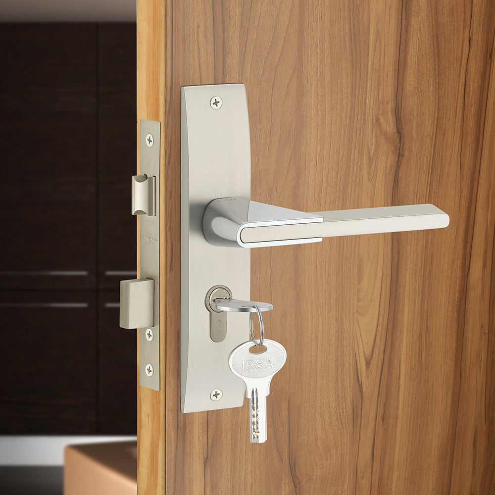 IPSA Tan Iris Handle Series on 8" Plate CYS Lockset with 60mm Both Side Key - Matte Satin Nickel Finish CPS
